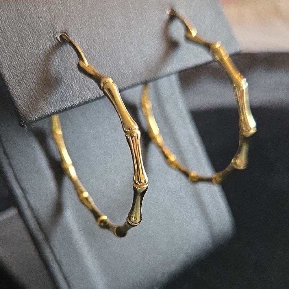 Gold Bamboo Hoop Earrings - Picture 5 of 8